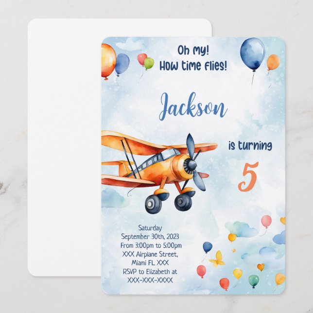 Invitation Parti Anniversaire de enfant d'avion orange (Devant / Derrière)