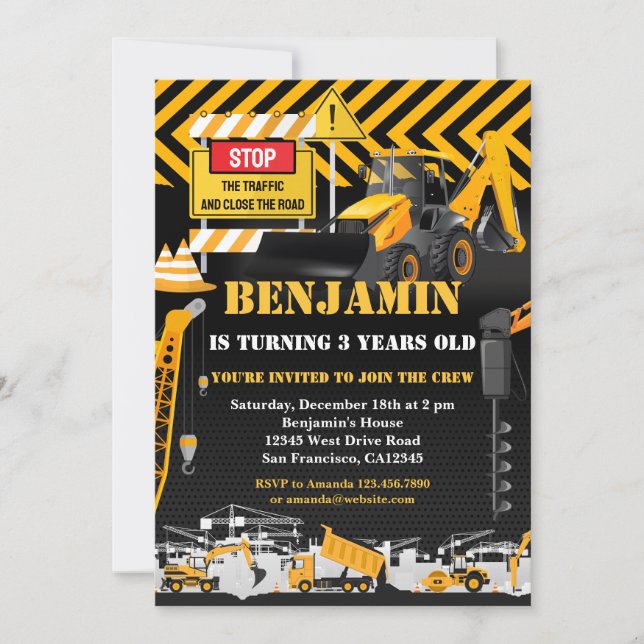 Invitation Parti Anniversaire de enfant de Backhoe de constru (Devant)