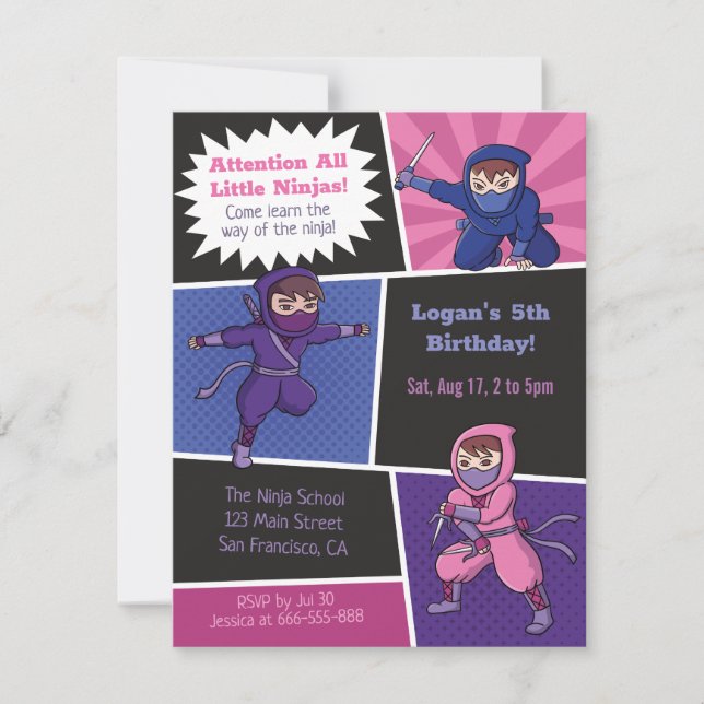 Invitation Parti Anniversaire de enfant de l'école Cool Ninja (Devant)
