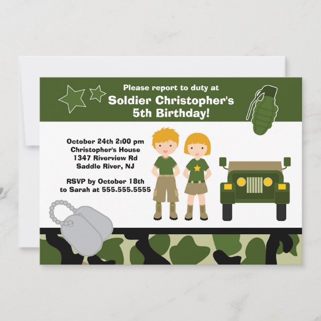 Invitation Parti Anniversaire de enfant des soldats du Camouf (Devant)