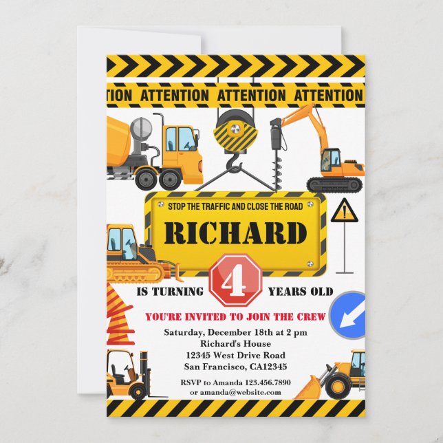 Invitation Parti Anniversaire de enfant du véhicule de constr (Devant)