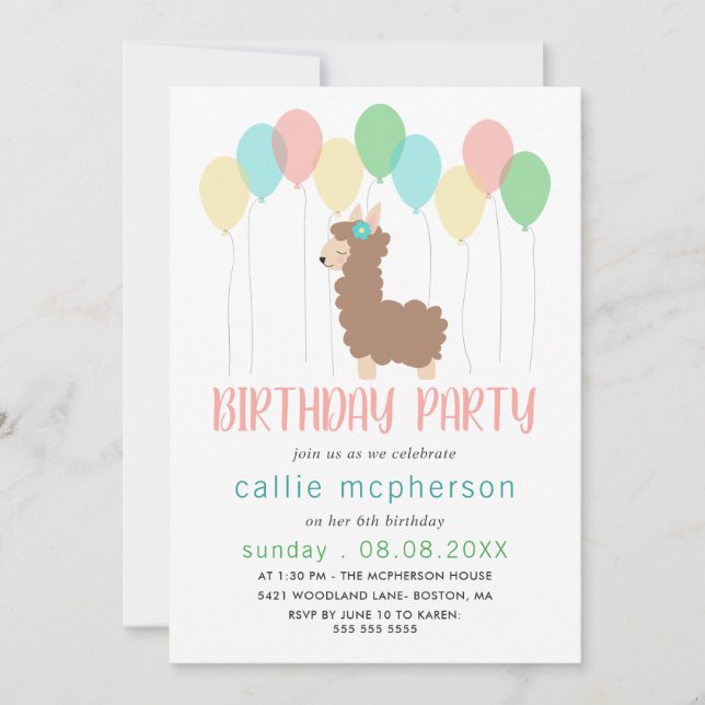 Invitation Parti Anniversaire de enfant Llama & Balloons (Devant)