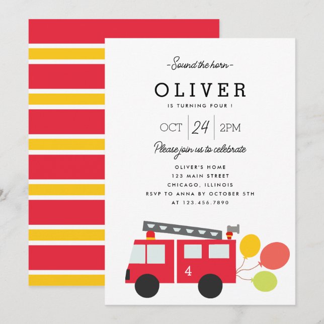 Invitation Parti Anniversaire de enfant pour camion à feu mig (Devant / Derrière)