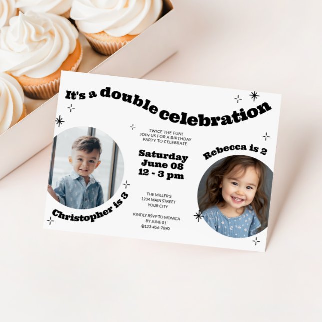 Invitation Parti Anniversaire de enfant rétro conjoint avec p (Dual Kids Photo Birthday Invitation)