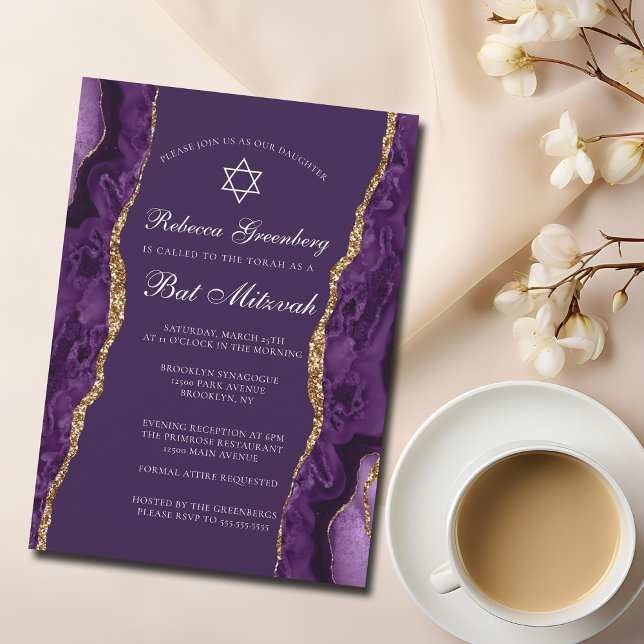 Invitation Parti Bat mitzvah d'âge or violet chic (Créateur téléchargé)