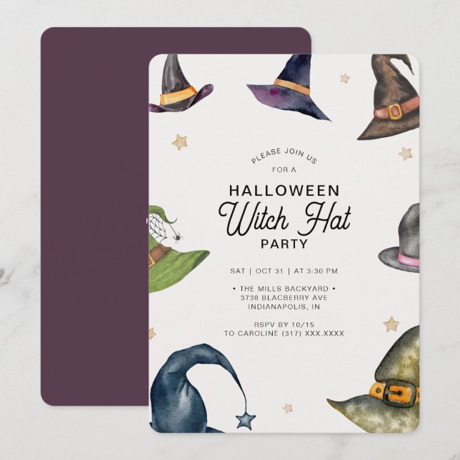 Invitation Parti Casquette Halloween violet sorcière moderne (Devant / Derrière)