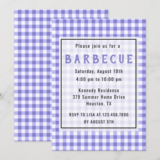 Invitation Parti de barbecue rustique violet En vichy Farmhou (Devant / Derrière)