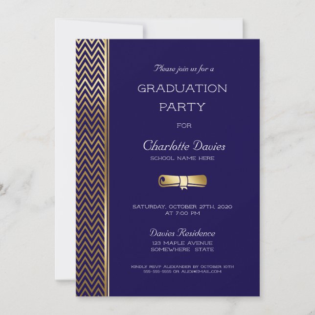 Invitation Parti de graduation bleu de la marine moderne (Devant)