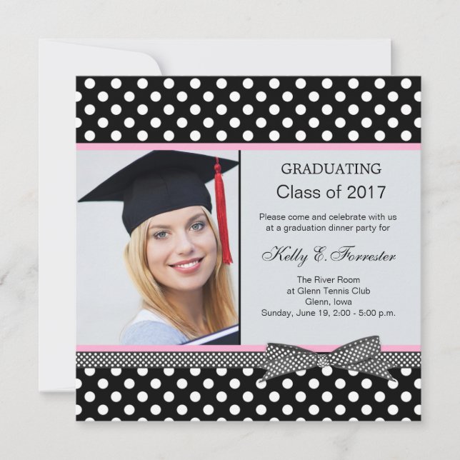 Invitation Parti de graduation de la polka noire blanche (Devant)
