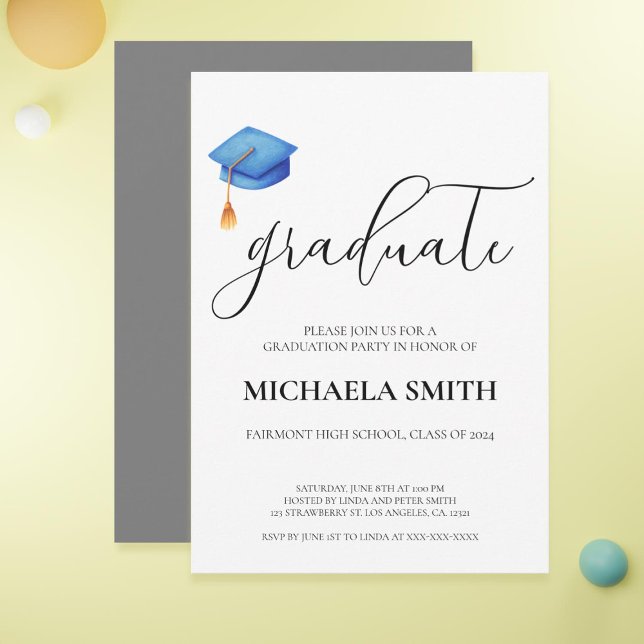 Invitation Parti de Graduation du lycée Casquette bleu modern (Cute Modern Blue Cap High School Graduation Party Invitation)
