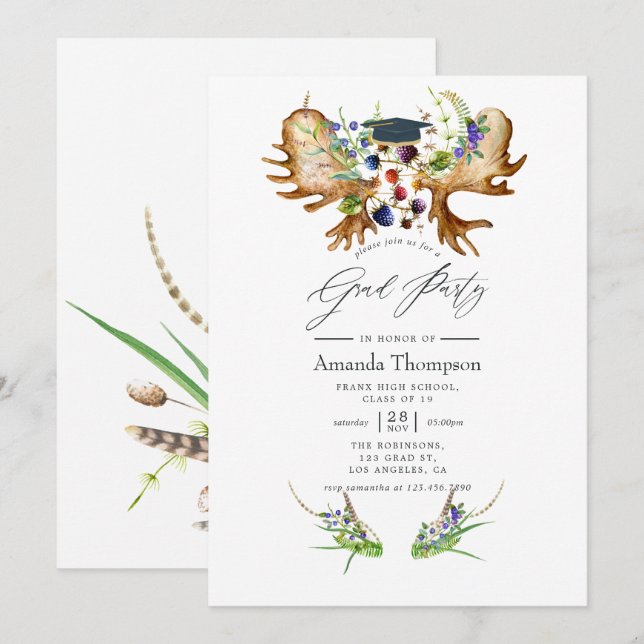 Invitation Parti de graduation du Watercolor Rustic Forest (Devant / Derrière)