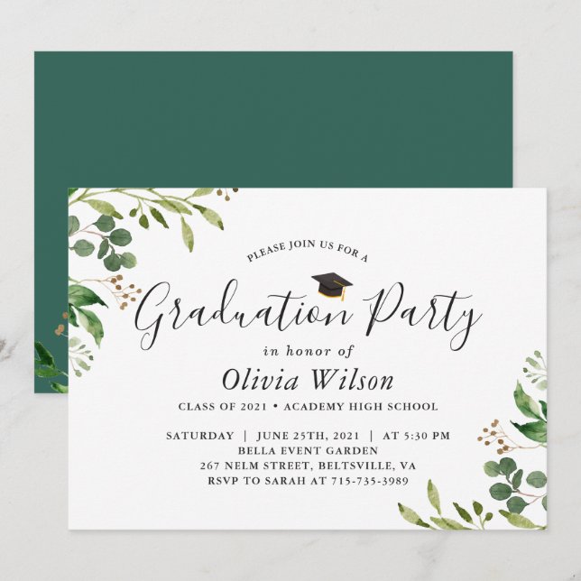 Invitation Parti de graduation Eucalyptus Feuilles de verdure (Devant / Derrière)