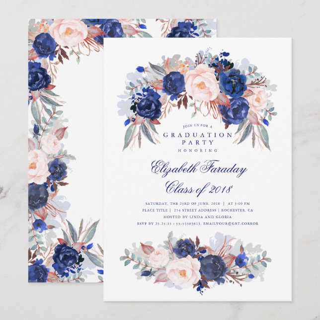 Invitation Parti de graduation moderne et élégante Florale de (Devant / Derrière)