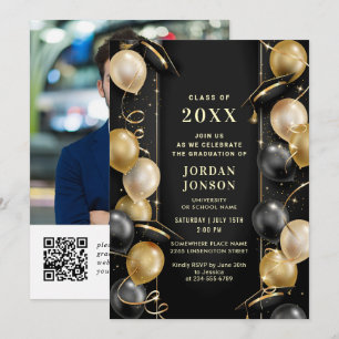 Invitation Parti de graduation noir doré moderne Code QR Phot