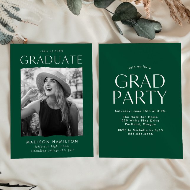 Invitation Parti de graduation photo verte de bord moderne (Créateur téléchargé)