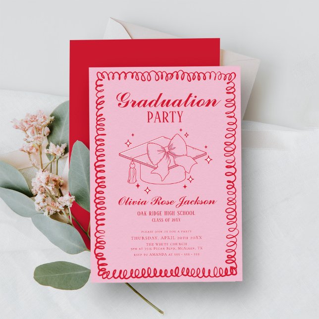 Invitation Parti de graduation rose et rouge rétro main dessi (Créateur téléchargé)