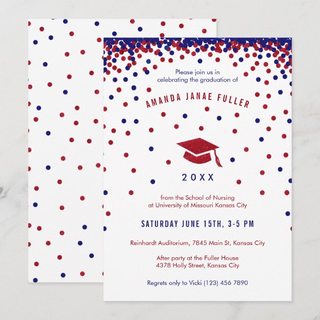 Invitation Parti de graduation rouge, blanc et bleu (Devant / Derrière)