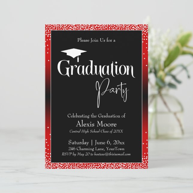 Invitation Parti de graduation Rouge brillant Ombre Confetti (Debout devant)
