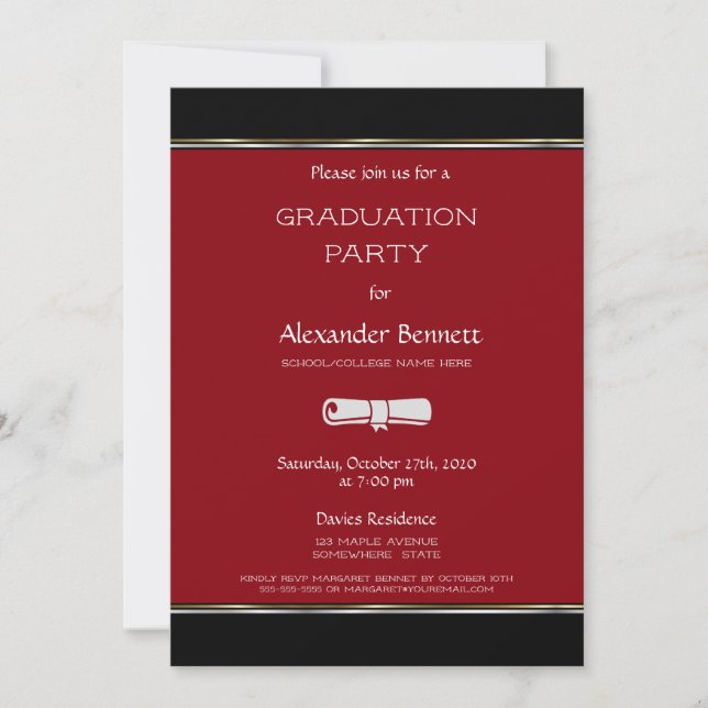 Invitation Parti de graduation rouge noir blanc moderne (Devant)