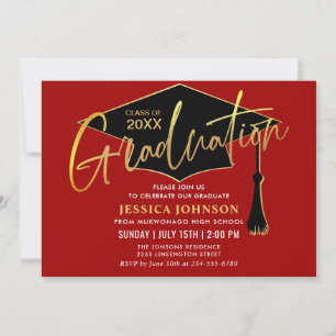 Invitation Parti de graduation simple or rouge moderne