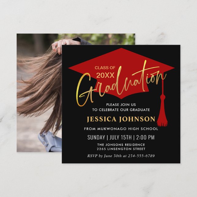 Invitation Parti de graduation simple or rouge moderne (Devant / Derrière)