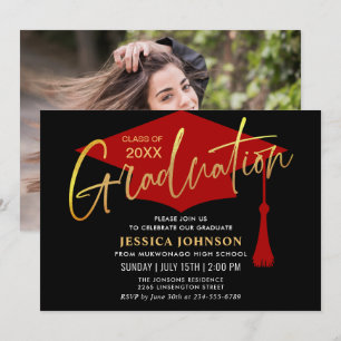 Invitation Parti de graduation simple or rouge moderne