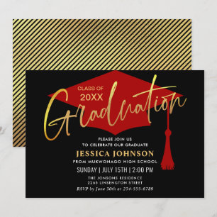 Invitation Parti de graduation simple or rouge moderne