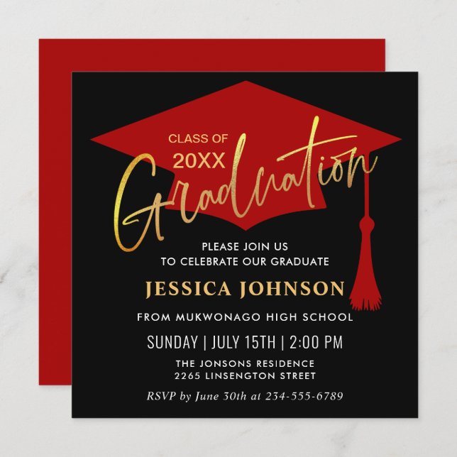 Invitation Parti de graduation simple or rouge moderne (Devant / Derrière)