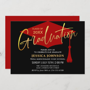 Invitation Parti de graduation simple or rouge moderne