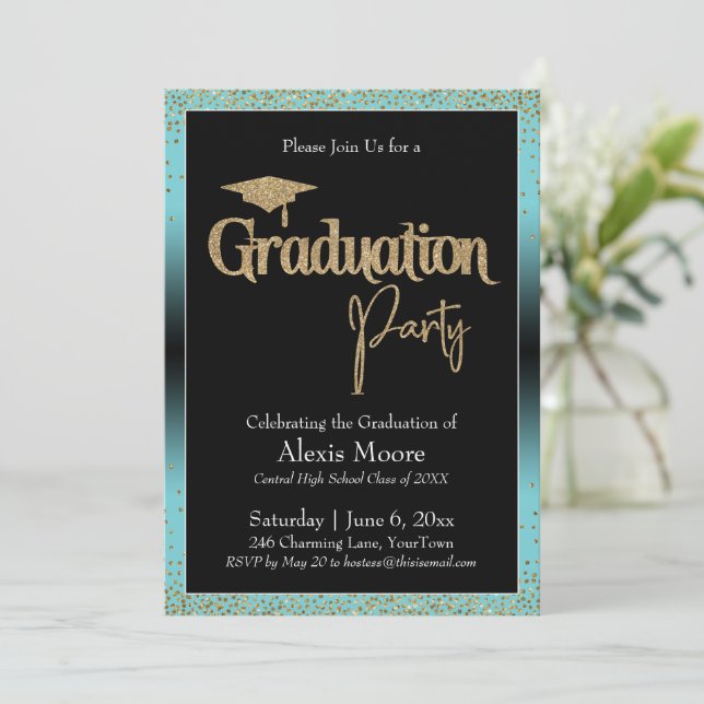 Invitation Parti de graduation Turquoise Ombre Confetti (Debout devant)
