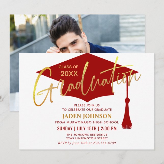 Invitation Parti de la graduation du rouge doré moderne (Devant / Derrière)
