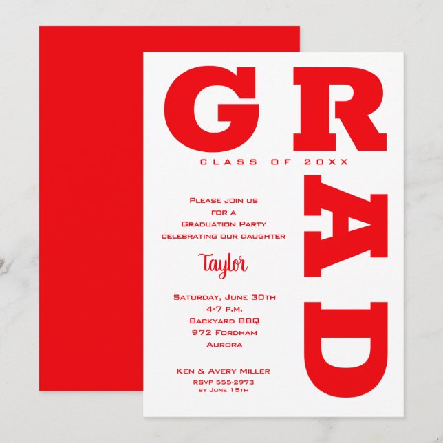 Invitation Parti de la graduation rouge et blanche (Devant / Derrière)