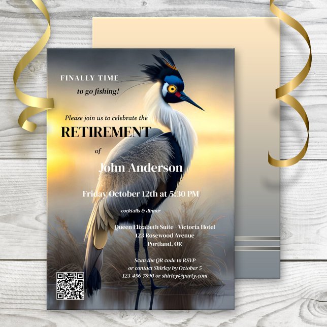 Invitation Parti de la retraite de l'aigret de pêche (Retirement party invitation featuring a painting of an egret. Gone fishing or a new adventure)