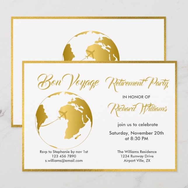 Invitation Parti de la retraite Golden Border Globe Bon Voyag (Devant / Derrière)
