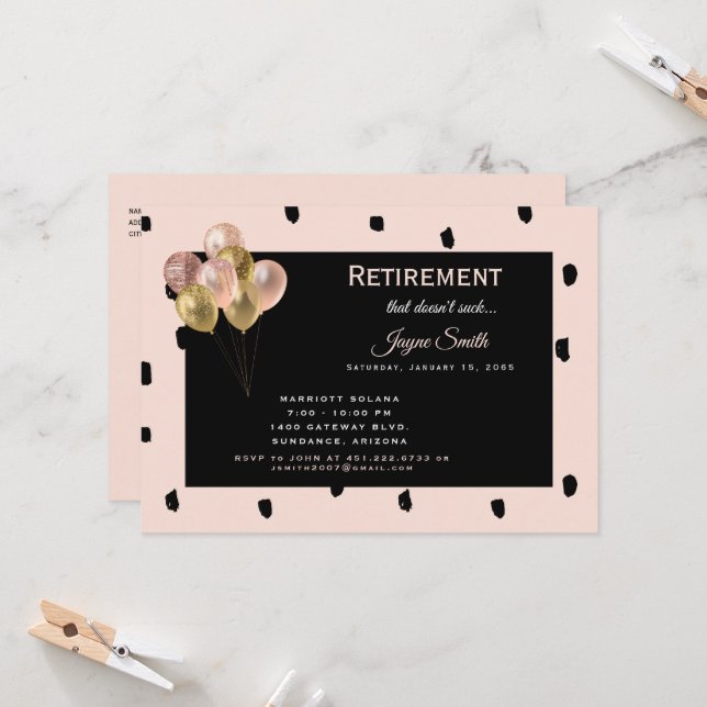 Invitation Parti de la retraite "qui ne suce pas" Rose & Noir (Devant/Arrière en situation)