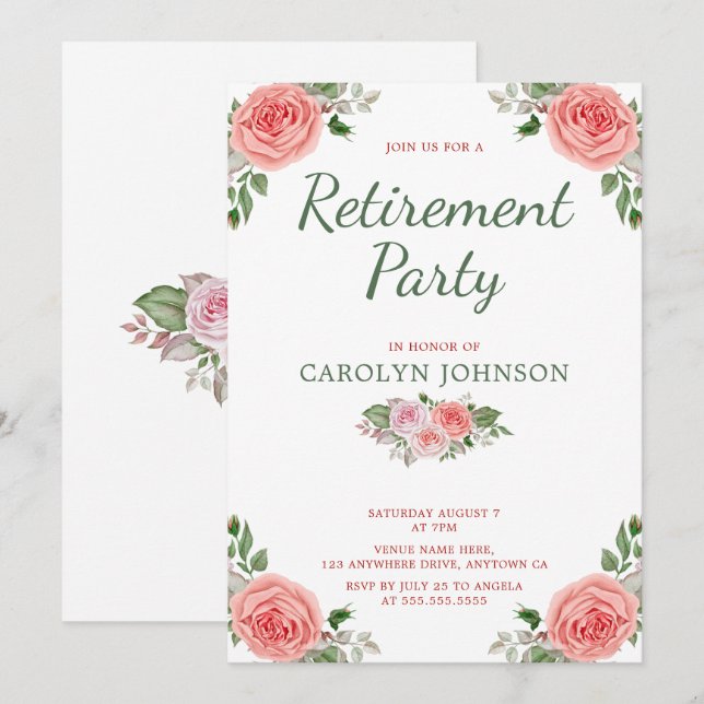 Invitation Parti de la retraite Rose floral Pink Green Invita (Devant / Derrière)