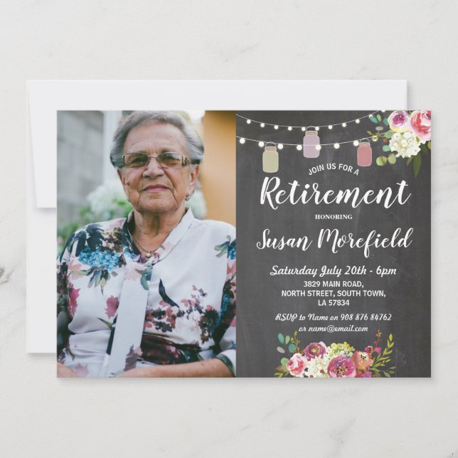 Invitation Parti de la retraite Rustic Jars Chalk Floral Phot (Devant)
