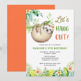 Invitation Parti de la Sloth Hanging Sloth Girl Birthday Pa