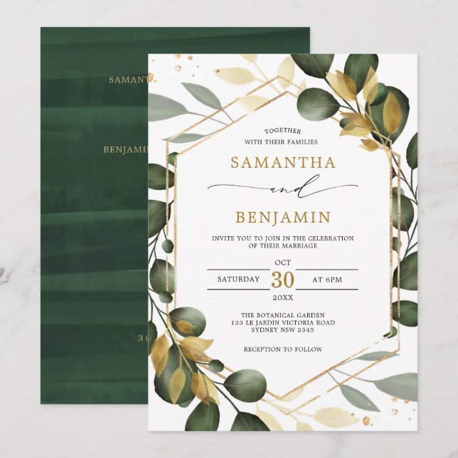 Invitation Parti de mariage de l'Eucalyptus Gold Green (Devant / Derrière)