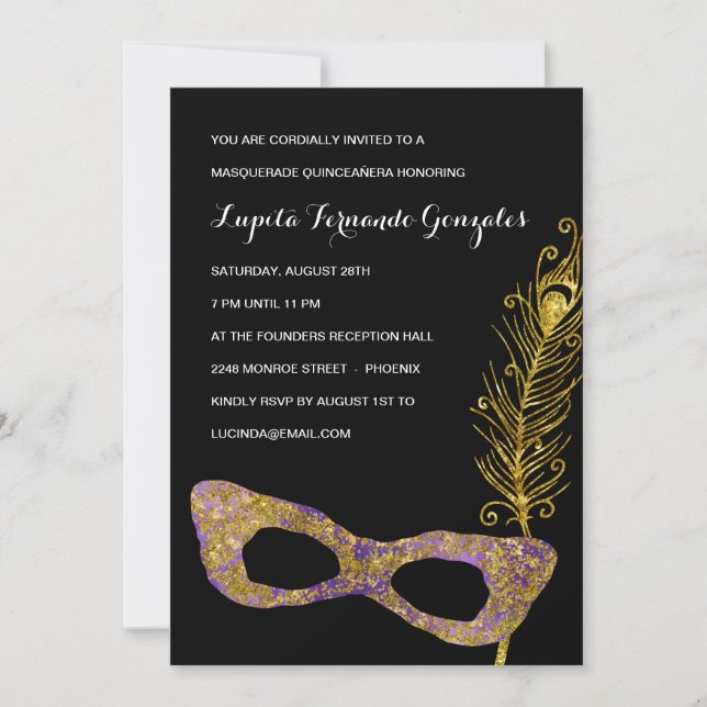 Invitation Parti de Quinceanera aux masquades violettes (Devant)