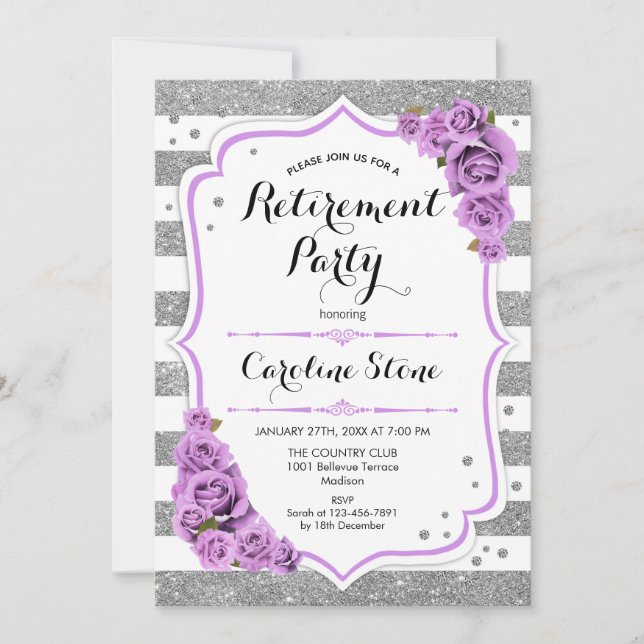 Invitation Parti de retraite - Bandes blanches d'argent viole (Devant)
