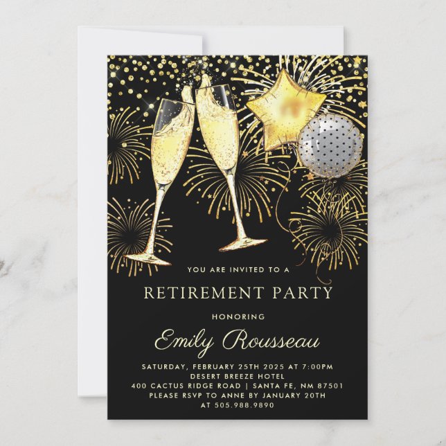 Invitation Parti de retraite Champagne Noir de Confetti (Devant)