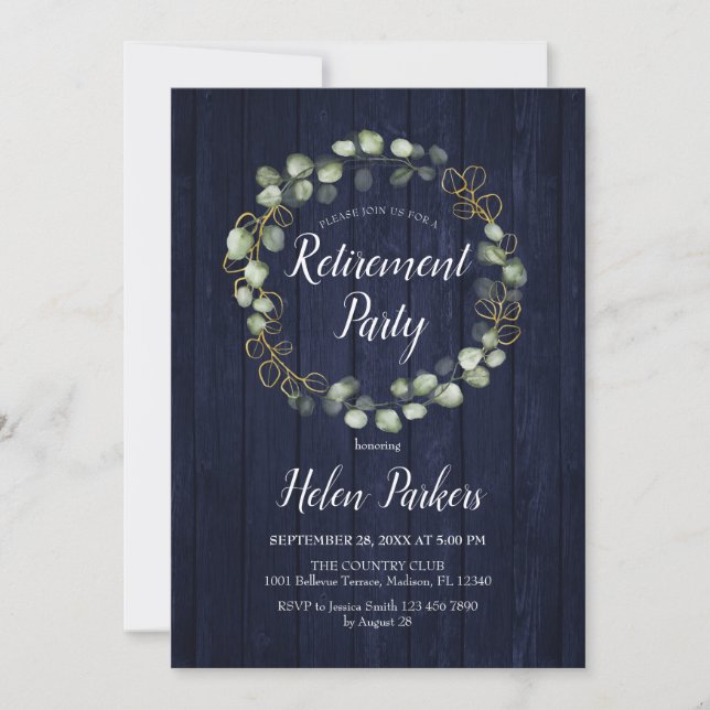 Invitation Parti de retraite - Courbe bleu marine Eucalyptus (Devant)