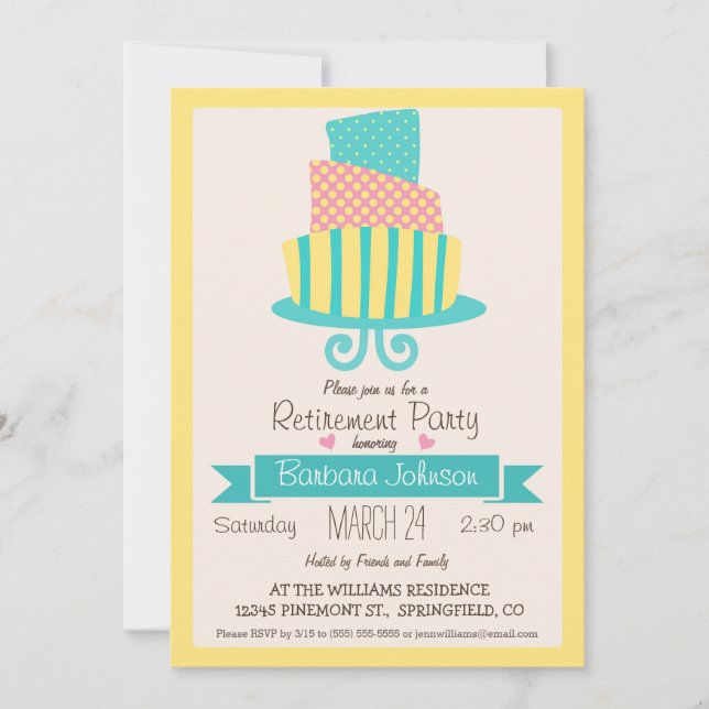 Invitation Parti de retraite de gâteau jaune, rose et turquoi (Devant)