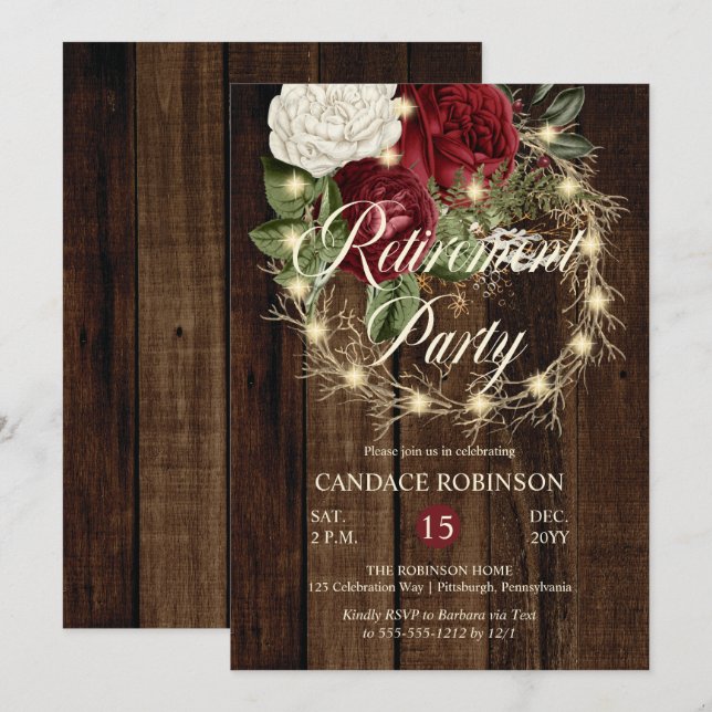 Invitation Parti de retraite de la couronne de bois rustique (Devant / Derrière)
