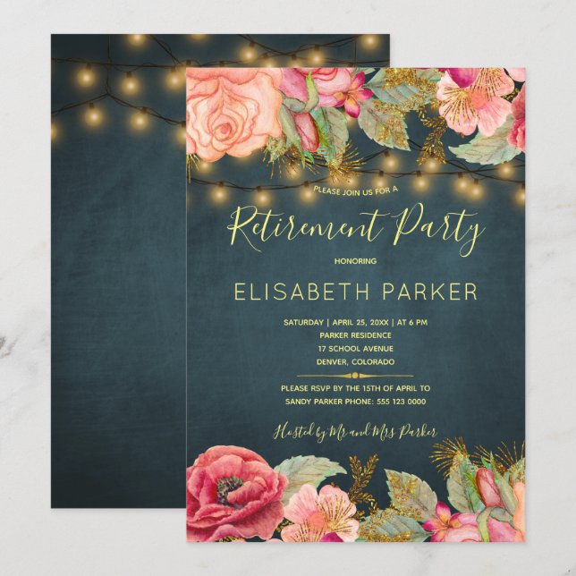 Invitation Parti de retraite de la Marine aurifère rose roses (Devant / Derrière)