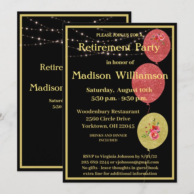 Invitation Parti de retraite Élégant Black Gold    (Devant / Derrière)
