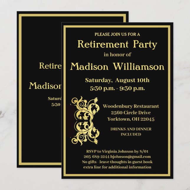 Invitation Parti de retraite Élégant Black Gold (Devant / Derrière)