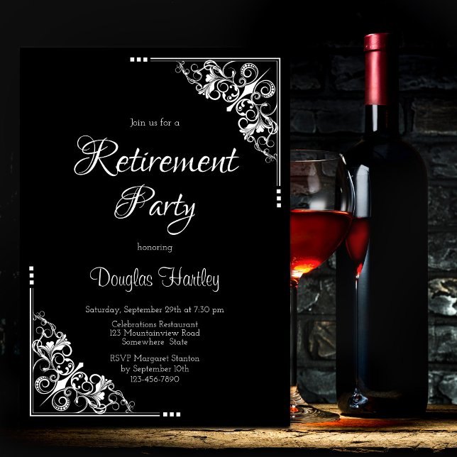 Invitation Parti de retraite élégant noir avec texte blanc (Créateur téléchargé)