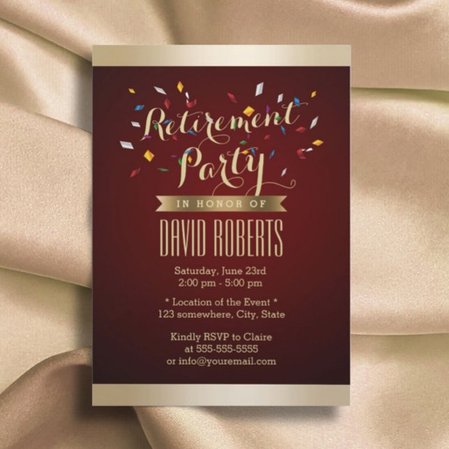 Invitation Parti de retraite Élégant Vin Rouge Gold Stripes (Créateur téléchargé)